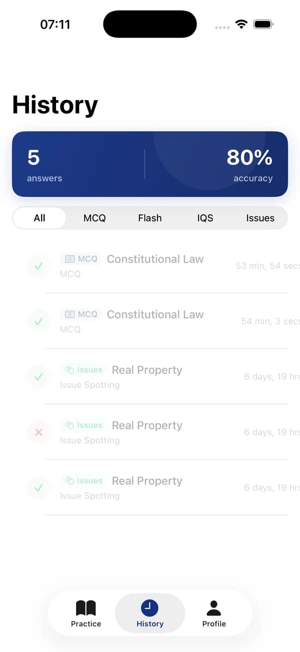 History view showing past answers with accuracy stats