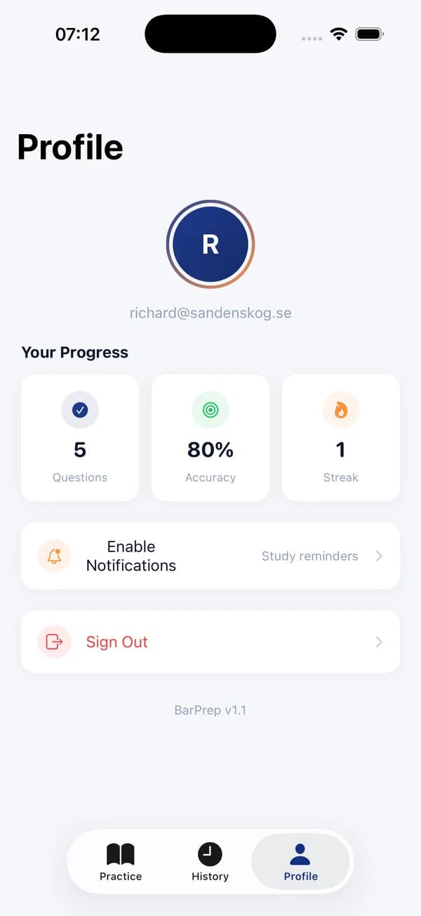 Profile view with lifetime stats and study streak