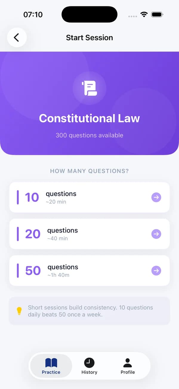 Session setup screen with question count options