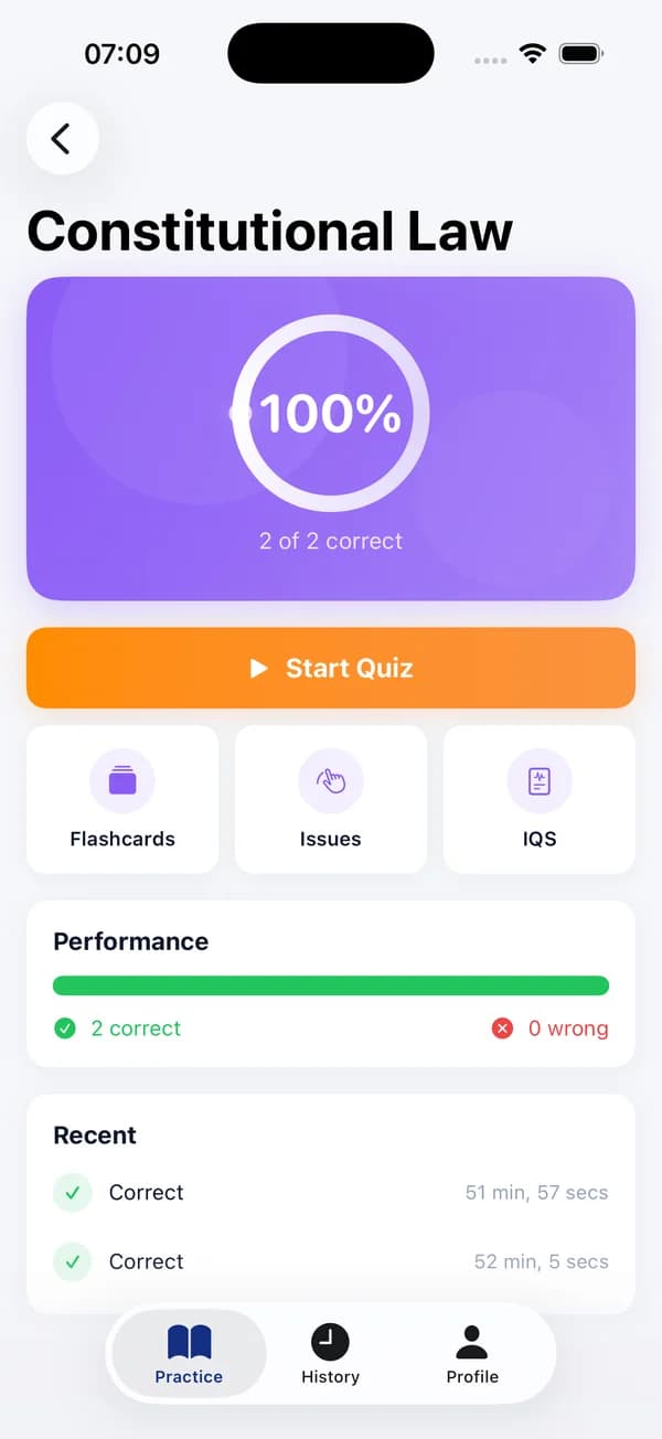 Subject detail view with score ring and performance breakdown
