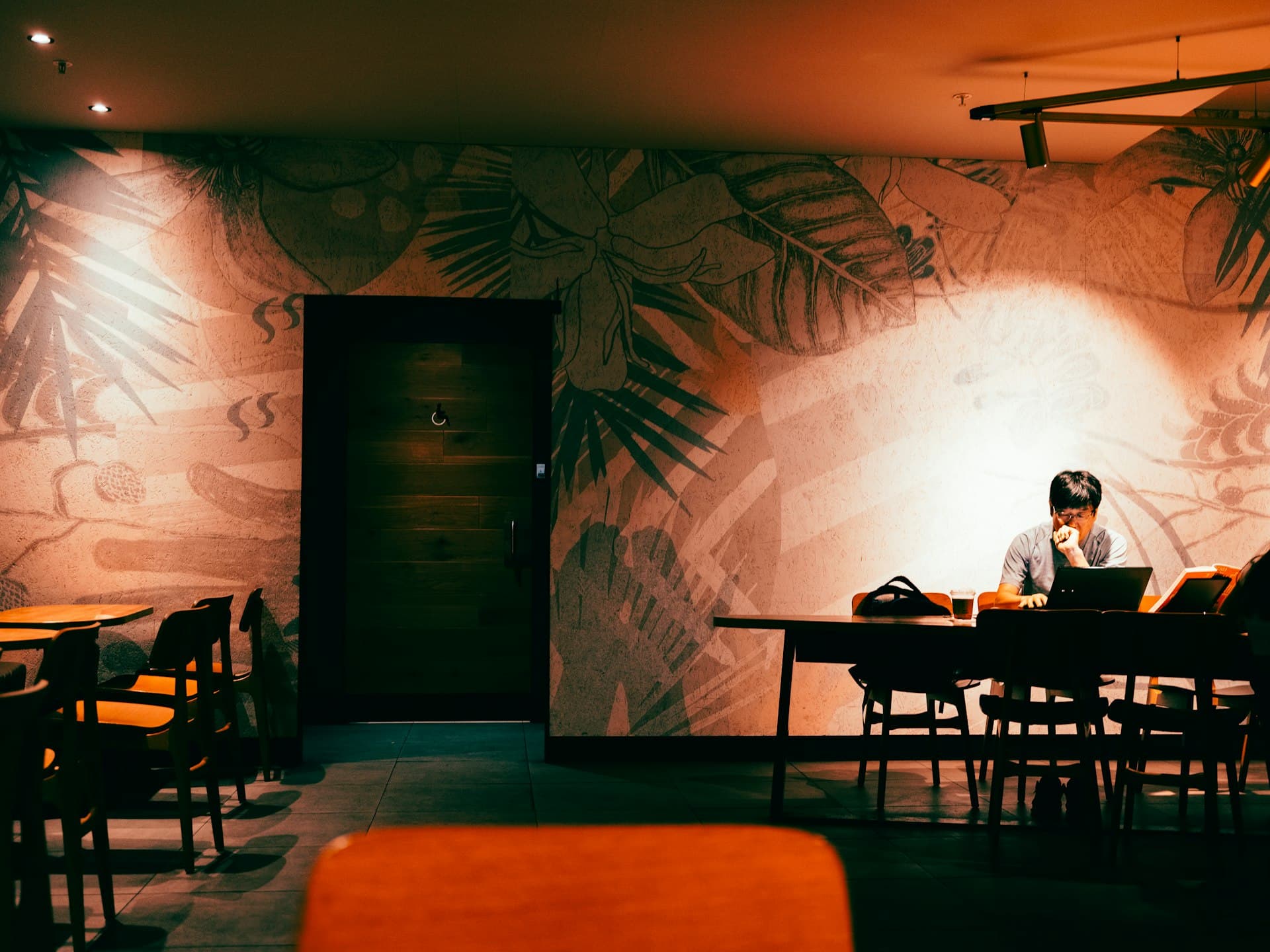 Person studying on laptop in atmospheric café